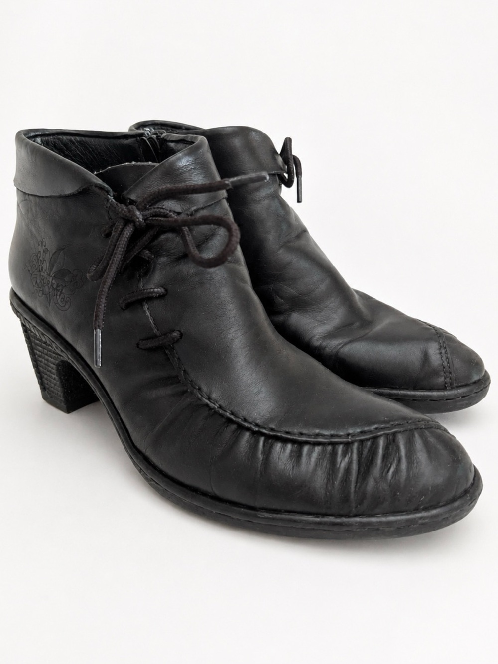 Rieker Black Leather Ruched Ankle Boots US 8 EU 39 Lace-Up Witchy Whimsigoth